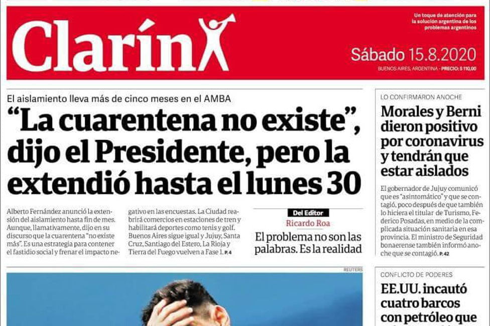 Imagem de manchete do jornal Clarín