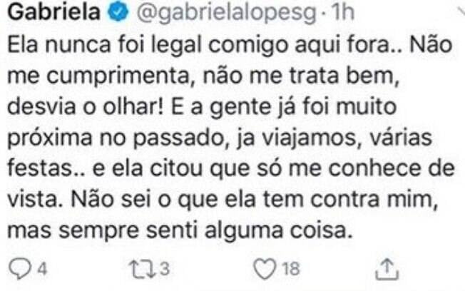 Tuíte de Gabi Lopes