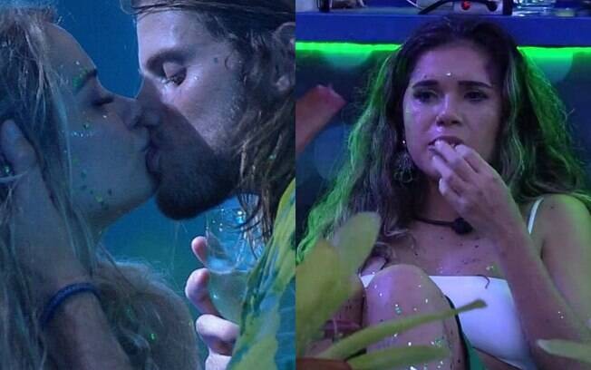 dois frames, um de casal se beijando e outro de mulher triste comendo