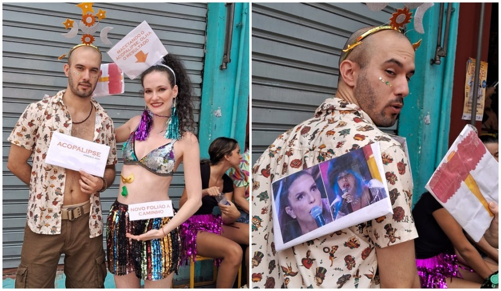 Casal de SP tira onda em fantasia que lembra o embate entre Baby do Brasil e Ivete Sangalo, na noite do último sábado (10), em Salvador. — Foto: Felipe Gutierrez/g1