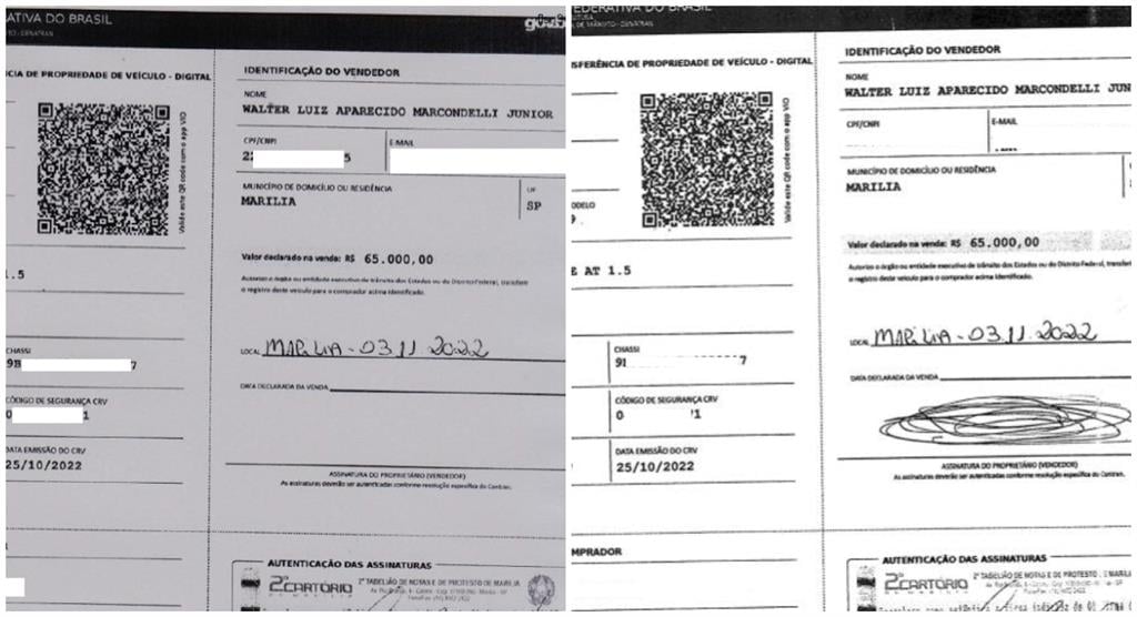 Documentos com e sem assinatura de Marcondelli apresentados na denúncia da fraude