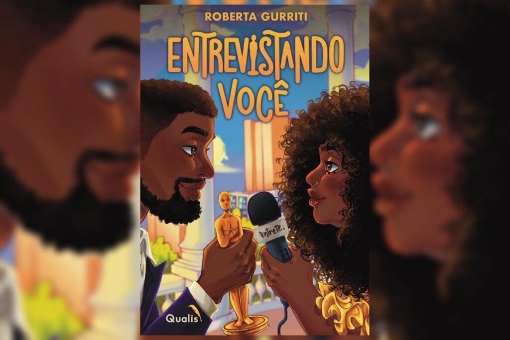 Ilustração de um homem e uma mulher um de frente para o outro na capa do livro 'Entrevistando você'